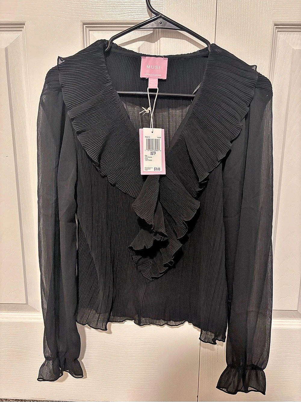 Muse Black Ruffle Neck Blouse Size XS NWT